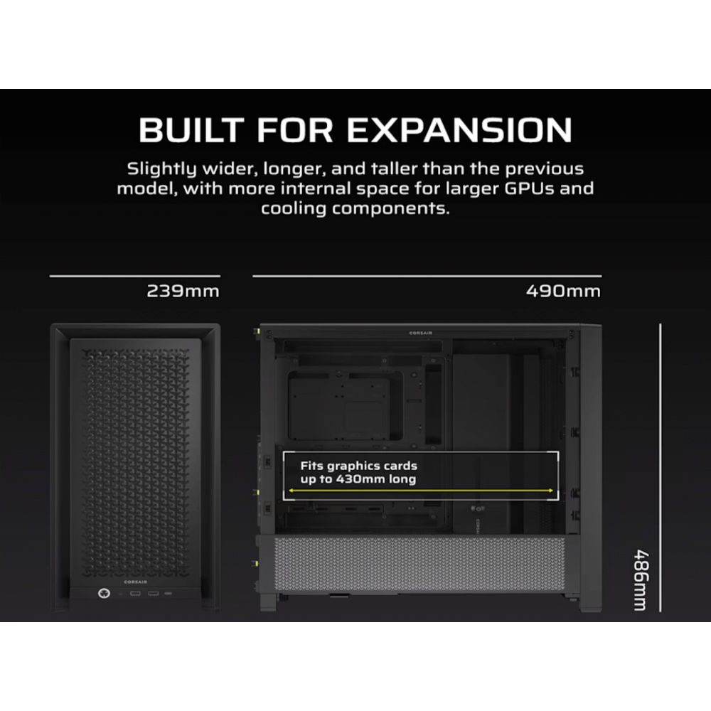 CORSAIR FRAME 4000D Case360mm radiator, 170mm cooler430mm GPU, ATX, Black
